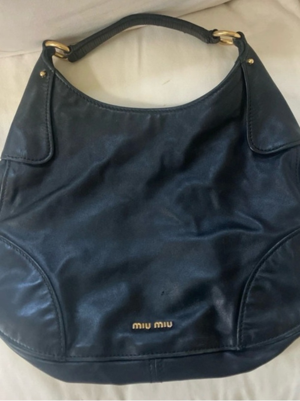 Miu Miu Black Leather Gold-Tone Logo Hobo